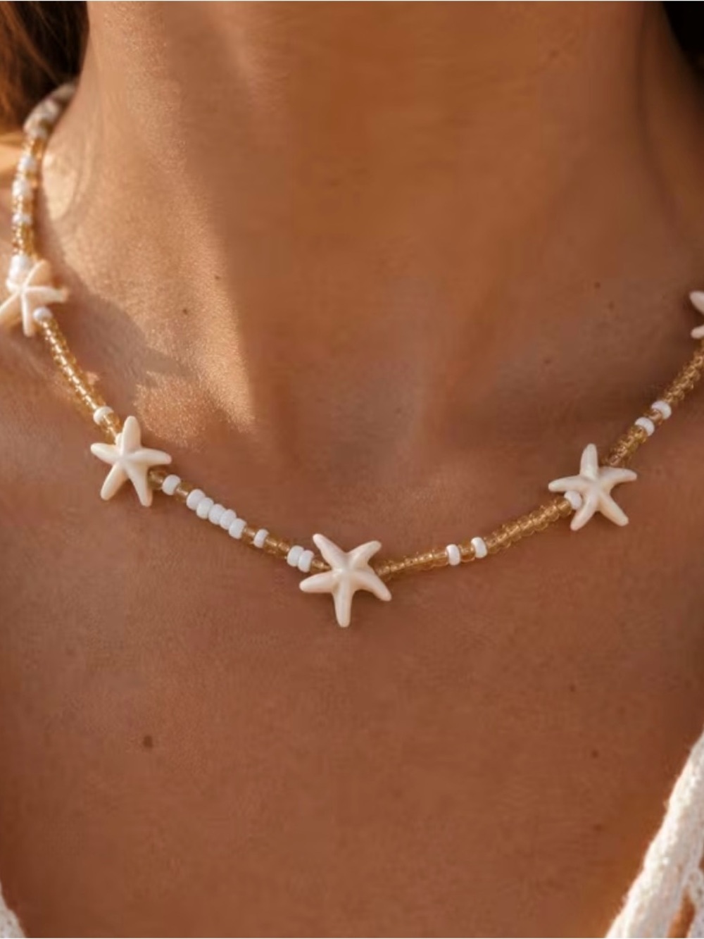 Gold and White Starfish Bead Necklace